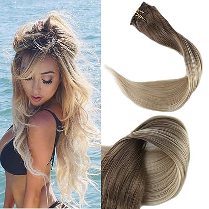 Full Shine 16 Zoll 100gram 10 Pcs Remy Balayage Clip in Hair Extensions Aschbraun Farbe #8 Fading to Farbe #60 Platinum Blond