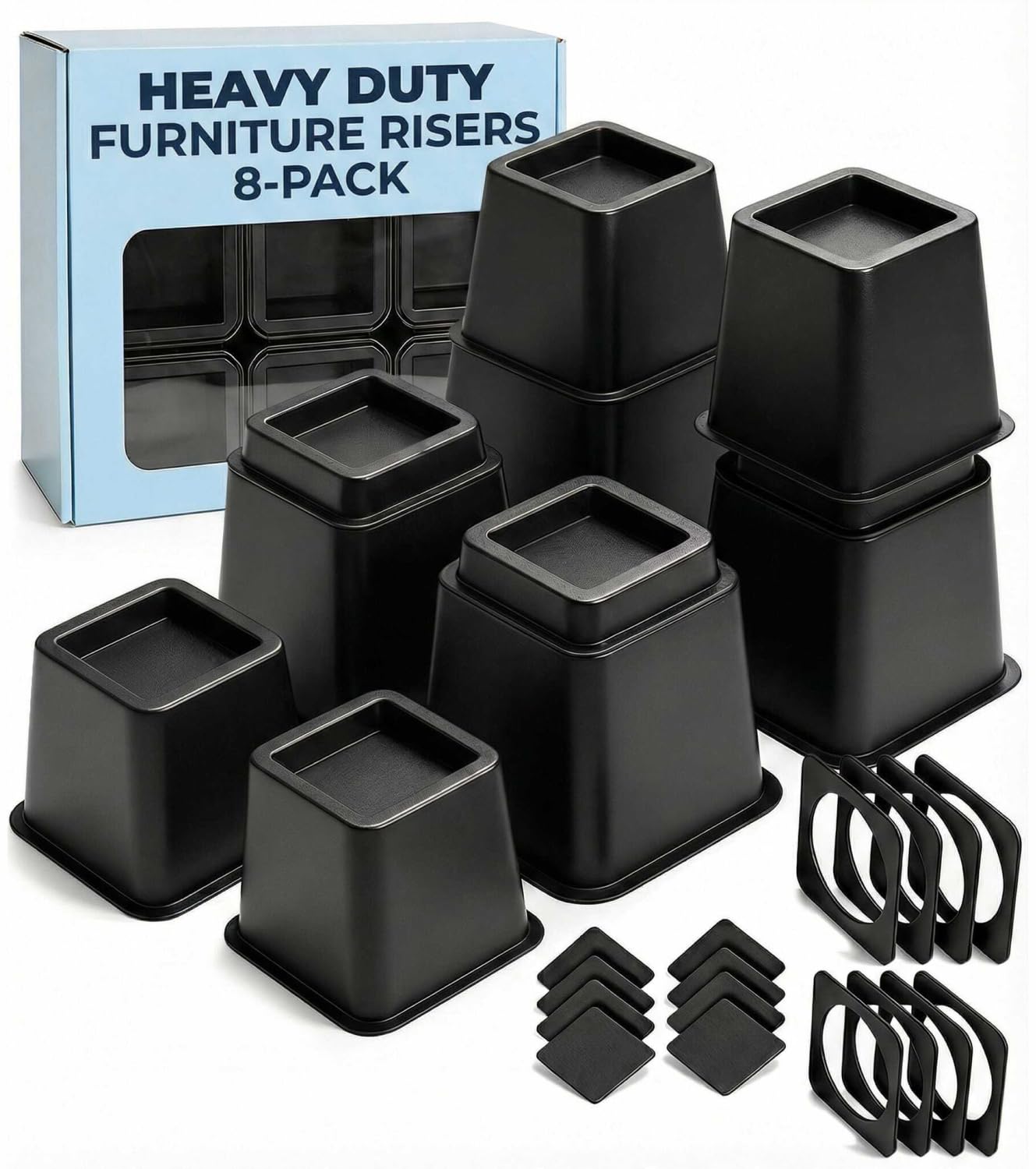 Photo 1 of Bed Risers - 3 & 5 Inch Adjustable Furniture Risers or 8 Inch Combined - Heavy Duty for Couch, Table, Dorm, Sofa, Chair & Table - Bed Support Legs for Height, Supports Up to 1,300 lbs (8 Pack, Black)