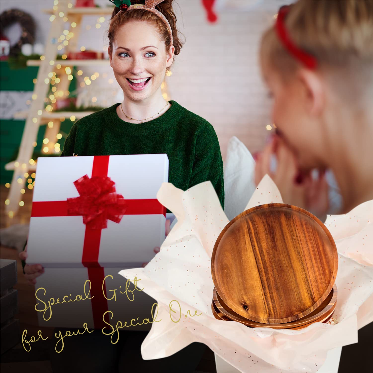 FANICHI Wooden plates (set of 4-11inch) Dinner Plates, Acacia Round Wood Plates, Unbreakable Classic Plates, Easy Cleaning & Lightweight for Dishes Snack, Dessert, Housewarming, Christmas Gift