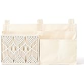 Mkono Bedside Caddy Hanging Organizer, Bunk Woven 7 Pockets Bed Storage Bag Boho Remote Magazine Books Holder with Macrame for Loft Bed College Dorm Bedroom Baby Bed Rails, Ivory