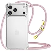 YESPURE Crossbody Case for iPhone 17 Pro Adjustable Lanyard Strap for Women Soft TPU Bumper Case Cover Transparent Slim Shockproof Protective Phone Case for iPhone 17 Pro - Rose Gold