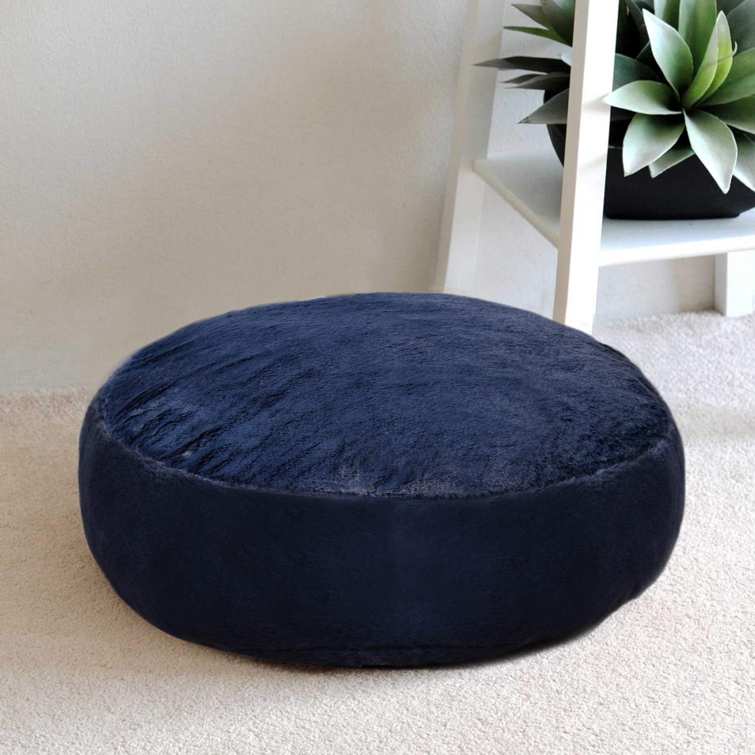 HIGOGOGO Thick Round Floor Pillow, Long Faux Fur Floor Cushion with Removable Cover Thickness: 8" Soft Fluffy Meditation Cushion Thick Round Pouf Seating for Living Room Bedroom Sofa, Navy, 24"x24": Kitchen & Dining