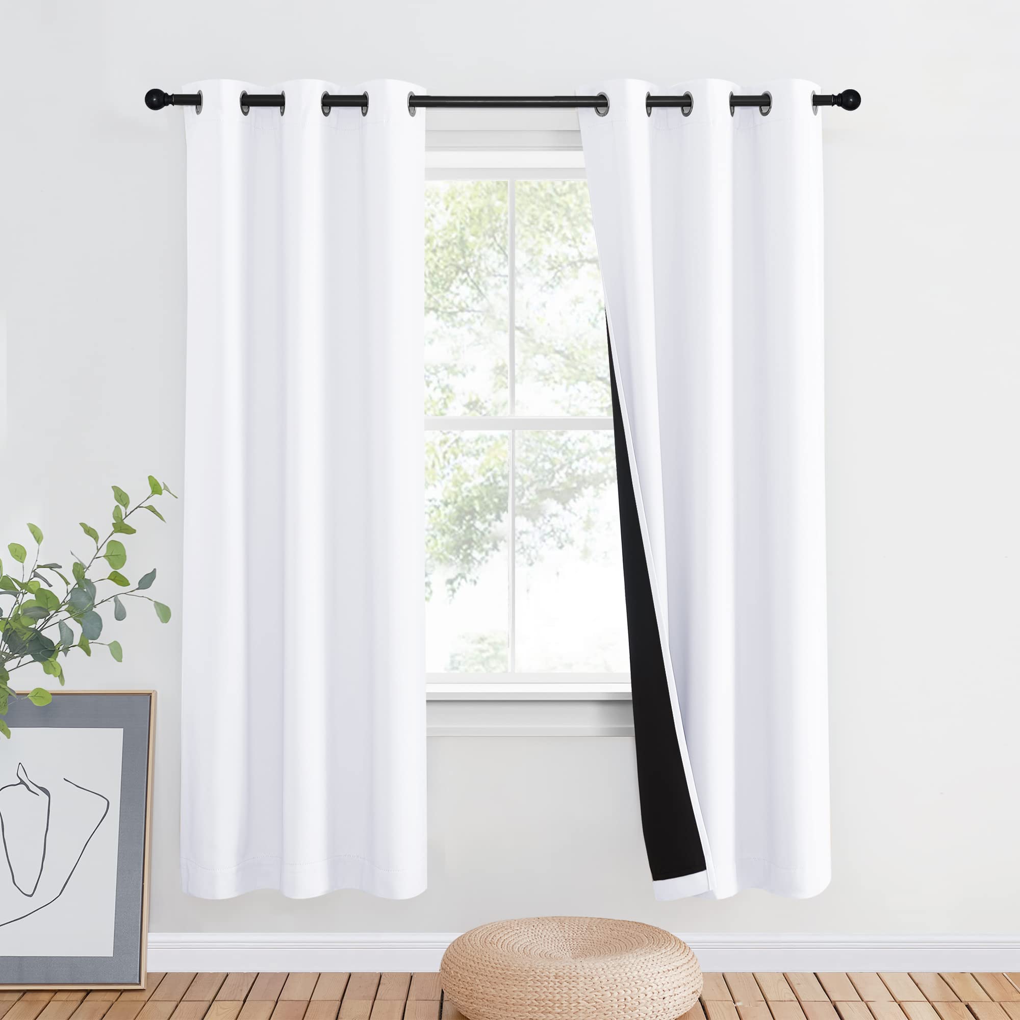 Photo 1 of NICETOWN 100% Blackout Cold Blocking Window Curtain Panel, Full Light Blocking Drape with Black Liner for Nursery, 72-inch Drop Thermal Insulated Drapery (White, 1 Piece, 42-inch Wide Per Panel)