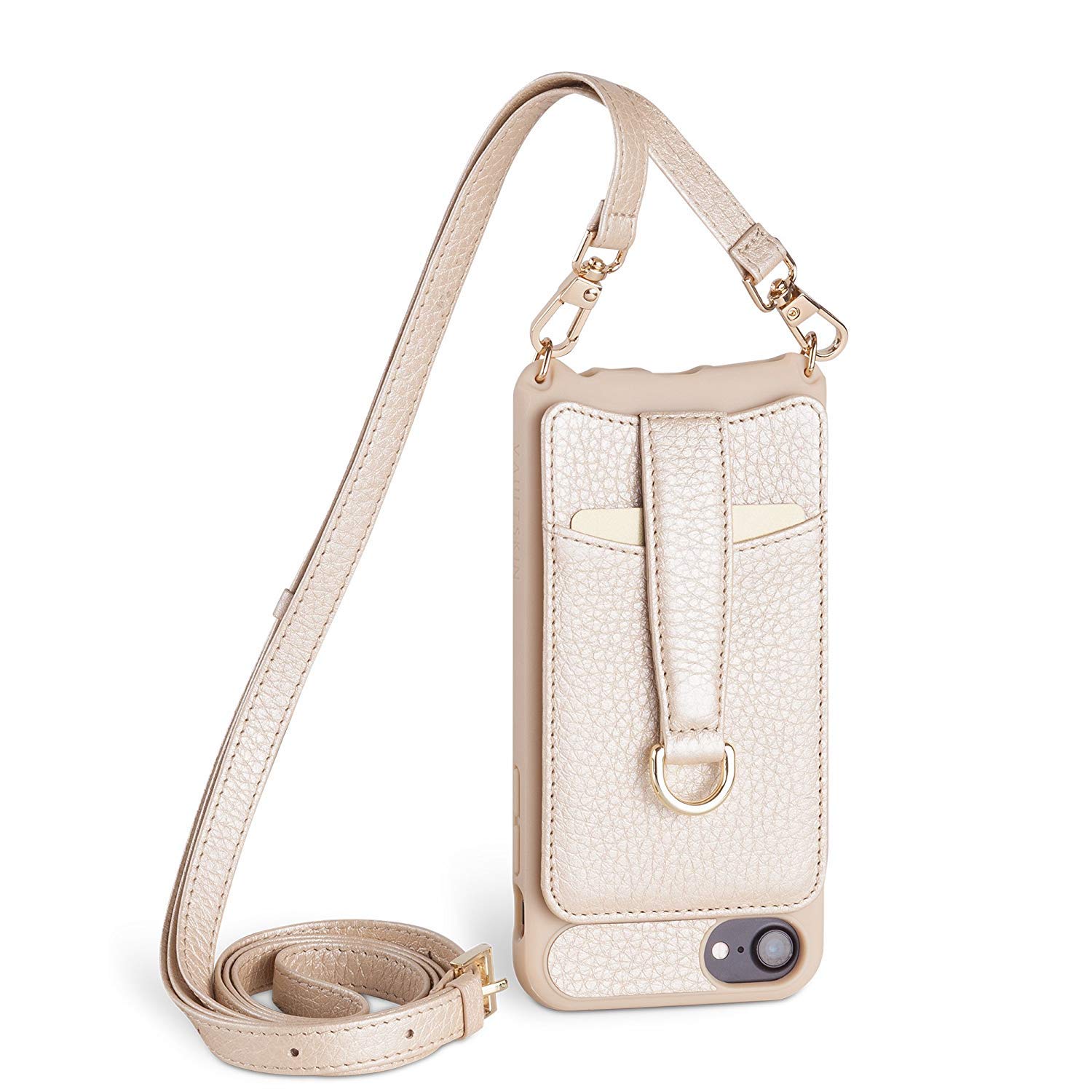 Vaultskin VICTORIA Crossbody Wallet Case, Lanyard with Card Holder (Champagne - Leather Strap, for iPhone X/XS)