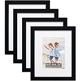 NWDCLF 8x10 Wooden Picture Frame Set of 4 (with 5x7 Mat), Solid Wood with Real HD Glass, for Tabletop or Wall Mount, Home Office Photo Frames Collage Wall Décor, Black