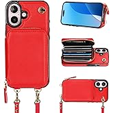 Bocasal Crossbody Wallet Case for iPhone 16, RFID Blocking Leather Purse Case with Card Holder, Protective Handbag Flip Cover with Zipper Wrist Strap Lanyard for Women 5G 6.1 Inch (Red)