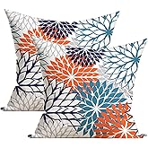 SHAPTOY Navy Blue and Orange Gray Dahlia Throw Pillow Covers 18x18 Inch Set of 2 Outdoor Geometric Flower Fall Decorative Pillows Cover Farmhouse Spring Summer Pillowcase for Bed Couch Sofa Decor