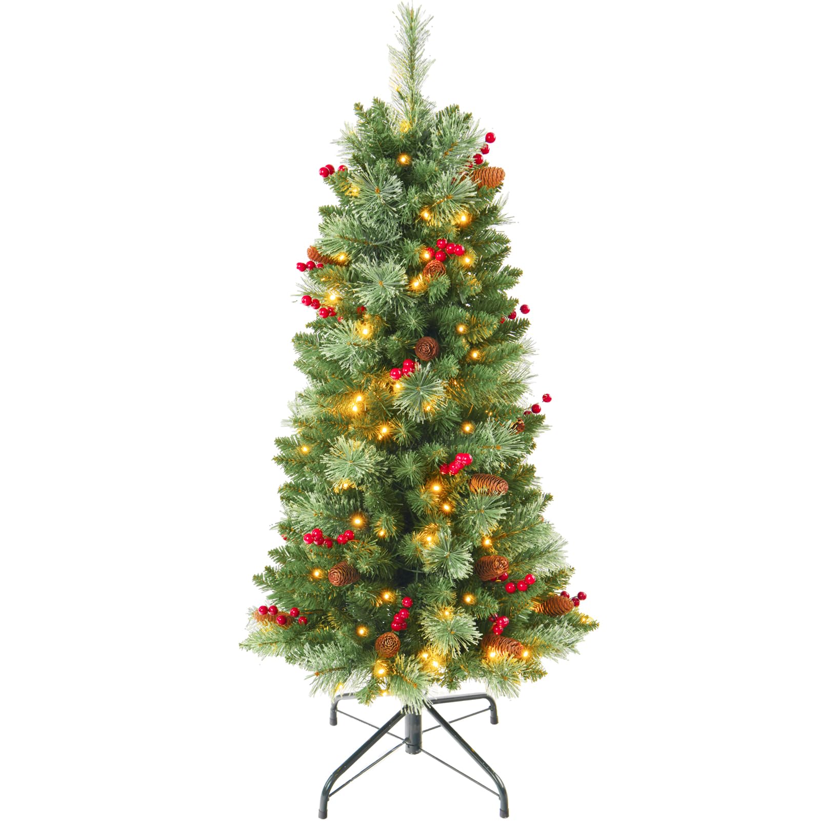 Photo 1 of 4ft Prelit Artificial Small Christmas Tree with Warm White Multi-Color LED Lights, Timer Battery Operated, Stand Red Berries & Pine Cone Slim Pencil Decoration for Indoor/Outdoor