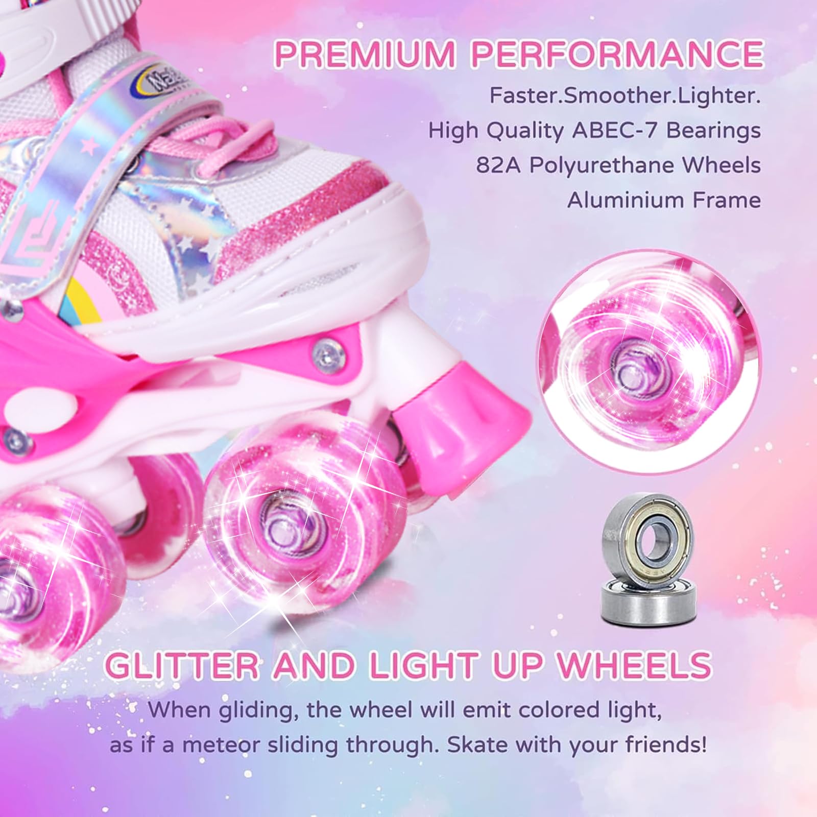 Nattork Girls Roller Skates for Kids, 4 Size Adjustable Rainbow Quad Skates with All Light Up Wheels - Best Birthday Gift for Outdoor Sports