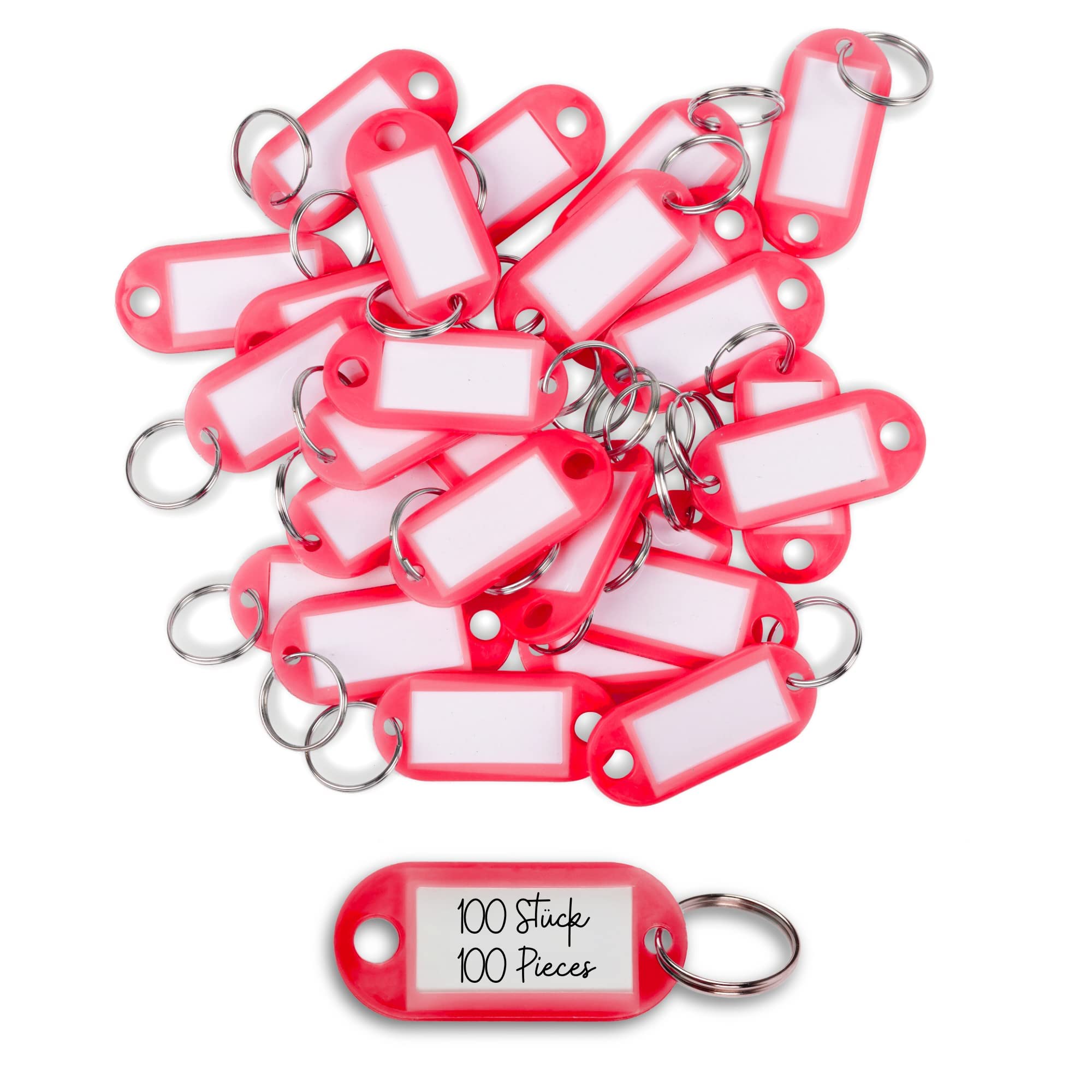 WINTEX Key Ring with Tags - 100 pcs - Heavy Duty Plastic Fobs with Labels - Coloured Key Chain Rings for Organising, Travelling, or Pets - Red