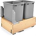 Rev-A-Shelf Double 35 Quart Pullout Under Cabinet Trash Cans with Soft Open & Close Slide System, Metallic Silver, Maple Wood Bottom 4WCBM-18DM-2