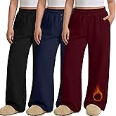 JoyMotion 3 Pack Women's Plus Size Wide Leg Sweatpants Fleece Lined Joggers Shock Cord High Waisted Thermal Pants with Pocket(Black, Navy Blue, Wine Red,XX-Large)