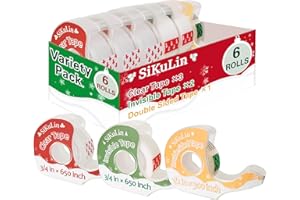 SiKuLin Tape,Gift Wrapping Tape, 6 Rolls with Dispensers, Includes Invisible, Double-Sided and Clear Tape for Wrapping Paper, Back to School, Home, Office, Christmas, Holiday