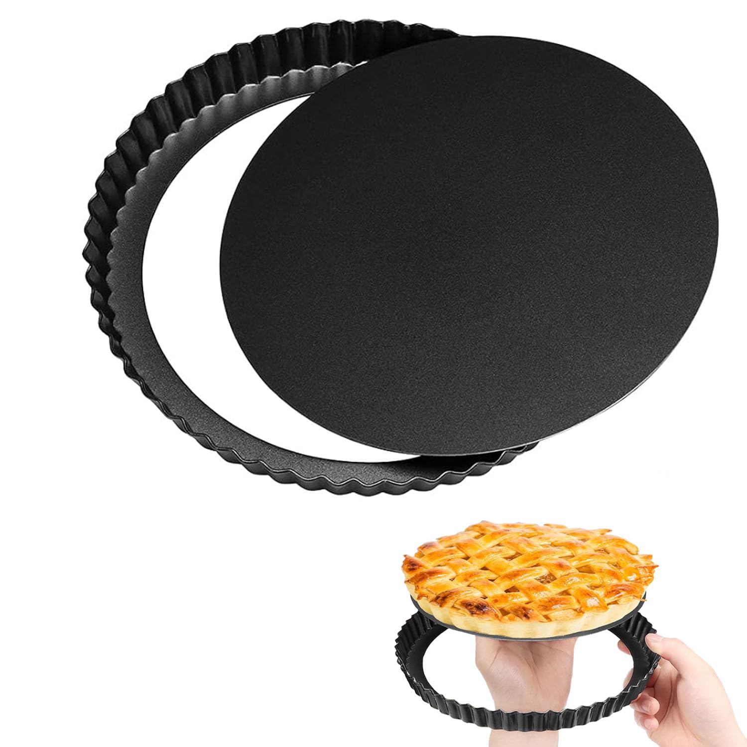 SUJIBHI Quiche Pan 8 inch Round Fluted Tart Tin Flan Tins Non Stick Carbon Steel Tart Mould Removable Loose Bottom Pie Dish for Baking Pizza Pie Flans