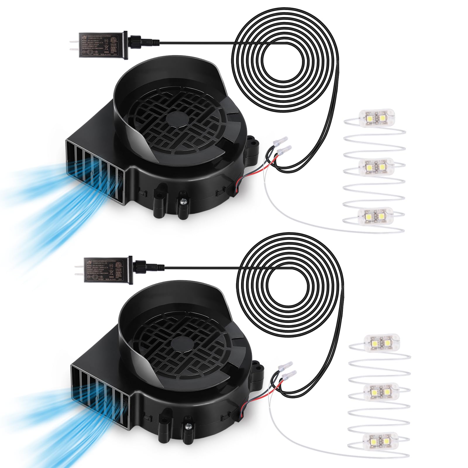 Photo 1 of 2-Pack Air Blower Fan for Inflatables, 12V 0.8A Replacement Blower Fan with 1.0A Adapter and 3 LEDs Bulbs Light for Halloween and Christmas Inflatables (IP68 Waterproof, 4500RPM, 3.8 * 3.8'')