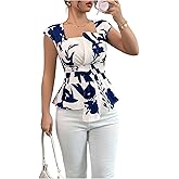 SOLY HUX Women's Summer Print Blouse Square Neck Cap Sleeve Peplum Asymmetrical Casual Work Tops