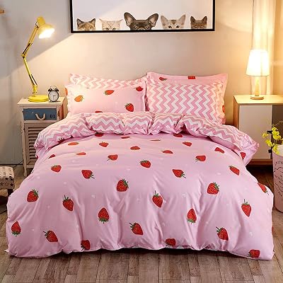 Loussiesd Strawberry Bedding Duvet Cover Set 3 Pieces Pink Microfiber Kids Twin