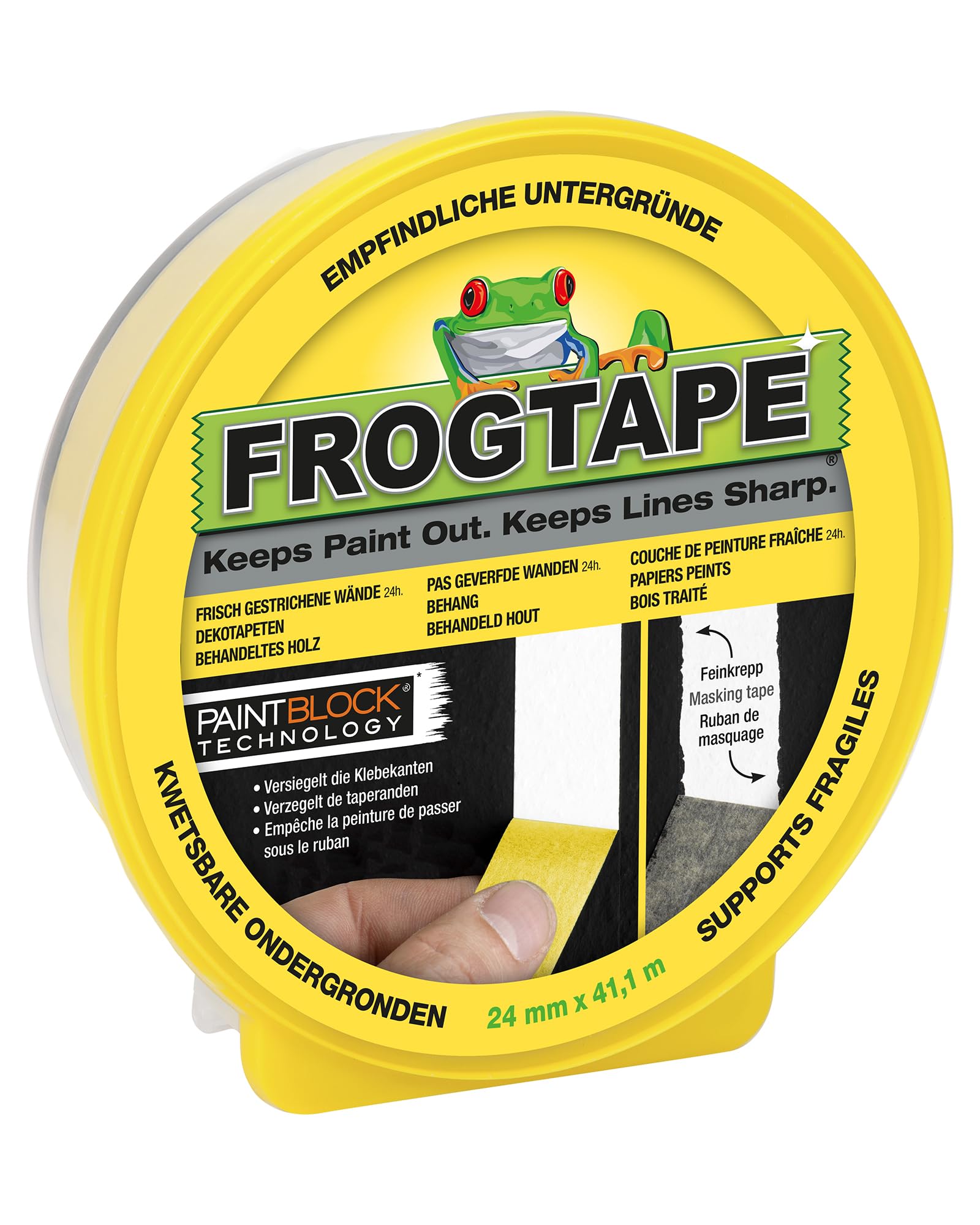 FrogTape Delicate Surface - Washi Paper Masking Tape - Clean Edges and Precise Lines - Dimensions: 24 mm x 41.1m - Yellow