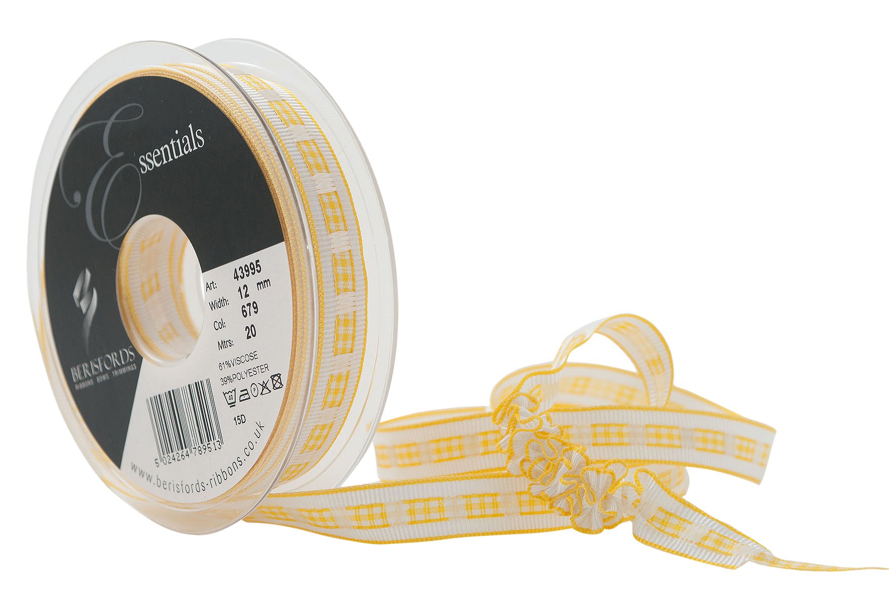 Berisfords Gingham Ruffle Ribbon, Yellow, 12 mm