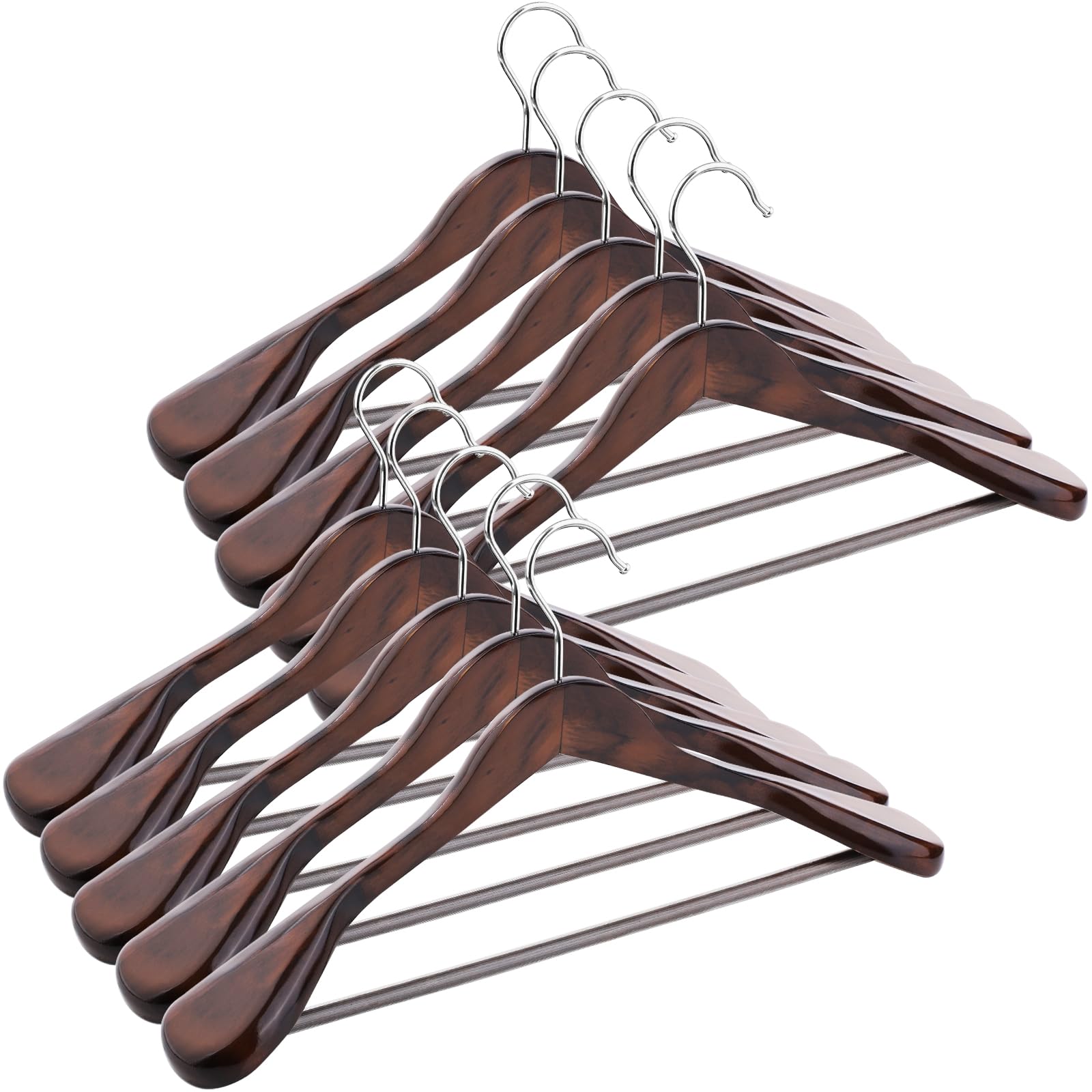 Photo 1 of ABHENG Solid Wood Suit Hangers, 10 Pack, Coat Hangers with Non Slip Trouser Bar, 360° Swivel Hook, Heavy Duty Wide Hangers for Suit, Coat, Jacket, Trousers, Pants,17.3" W x 9", Dark Walnut AWY0410H