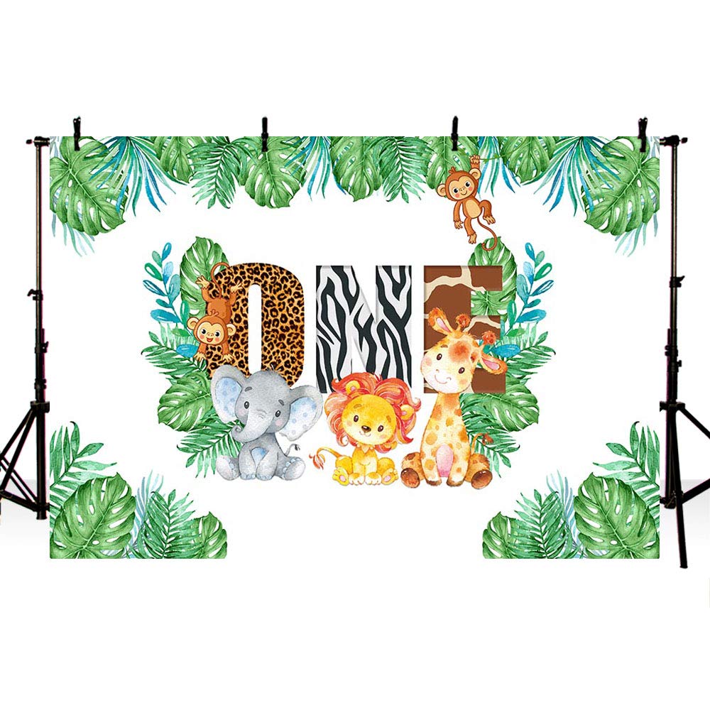 MEHOFOTO 7x5ft Safari Boy 1st Birthday Party Backdrop Jungle Safari Animals Photography Background Green Leaves One Happy Birthday Photo Booth Banner for Dessert Table Supplies
