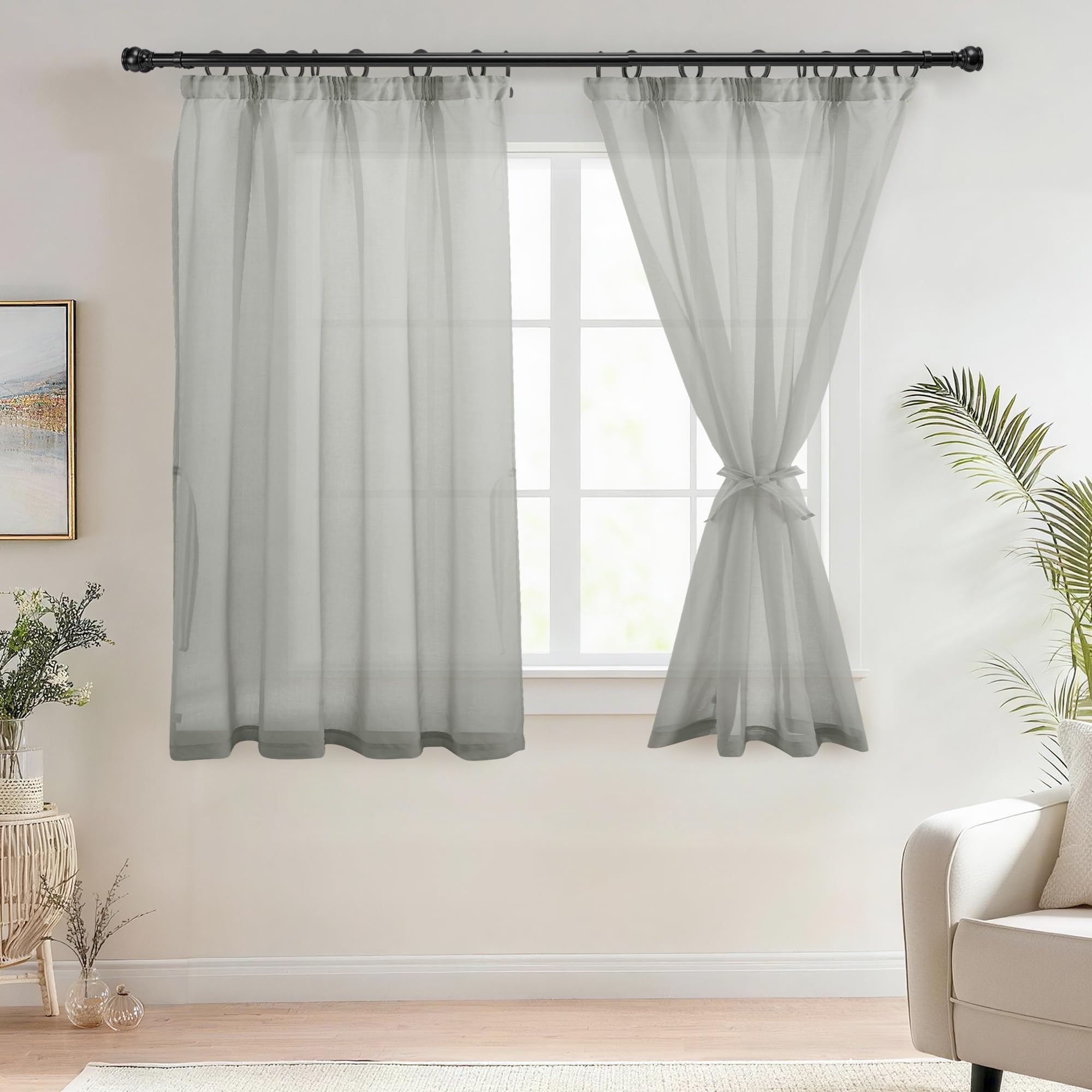 DWCN Voile Curtain Pencil Pleat Curtains with Tiebacks Sheer Curtains for Living Room Rod Pocket 2 Panels, Grey, W46 x L54 Inch