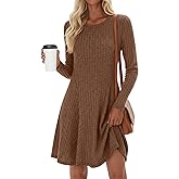 JoyMotion Women's Long Sleeve Sweater Short Dress Ribbed Crew Neck A Line Swing Dress Lightweight Fall Winter Casual Dresses