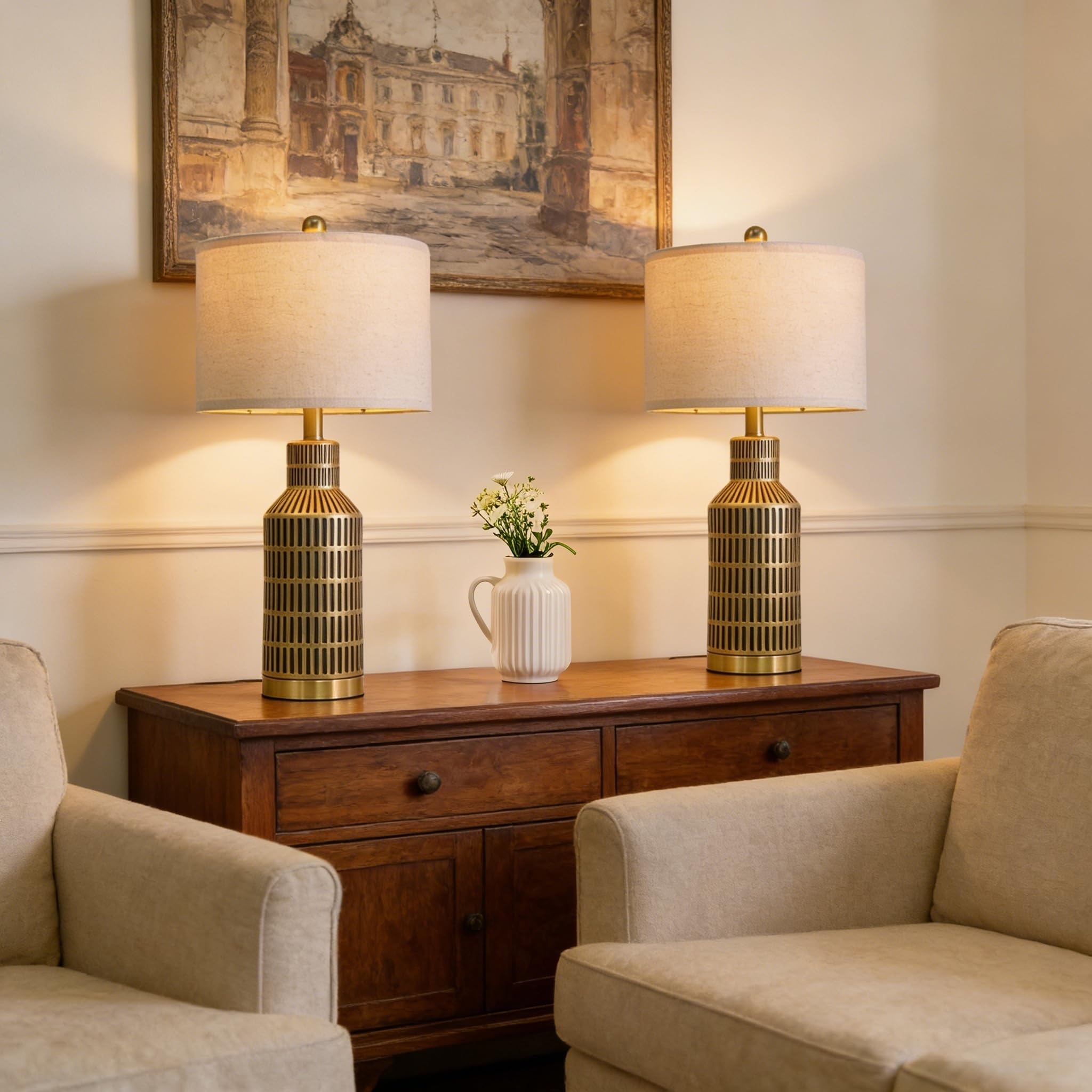 USumkky 25" Gold and Black Modern Ceramic Bedside Lamp Set of 2 for Bedroom Decor Farmhouse Table Lamp for Living Room Office Dorm Image