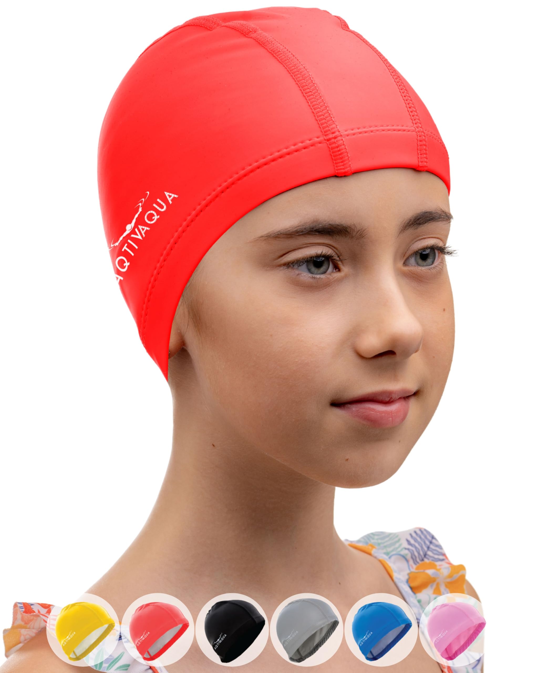 AqtivAqua Kids Swimming Cap for Toddlers & Preschoolers (1-5 Years) Swimming Hat Kids Swim Cap for Little Boys and Girls (Red color, Toddler size)
