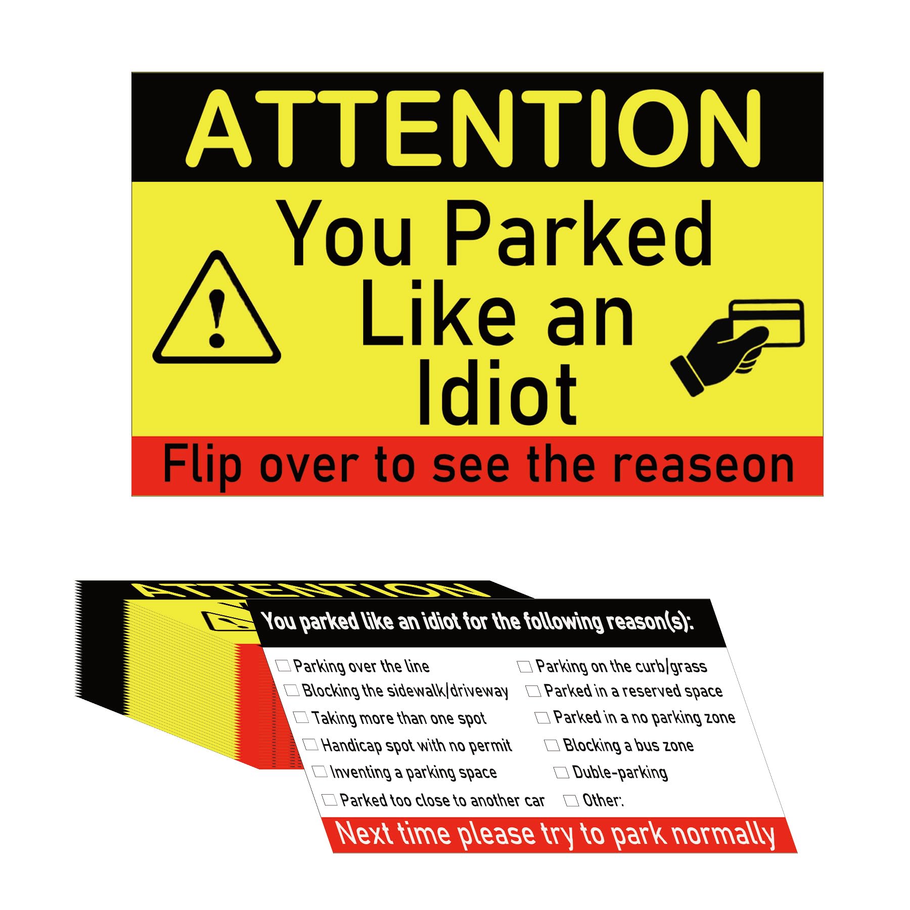 You Parked Like a Moron Note Card Double Sided 2 x 3.5 Inch Multi Reasons Parking Violation Card Funny Prank Illegally Parked Cards It’s Time to Punish Parking Lot Idiots Gag Gift