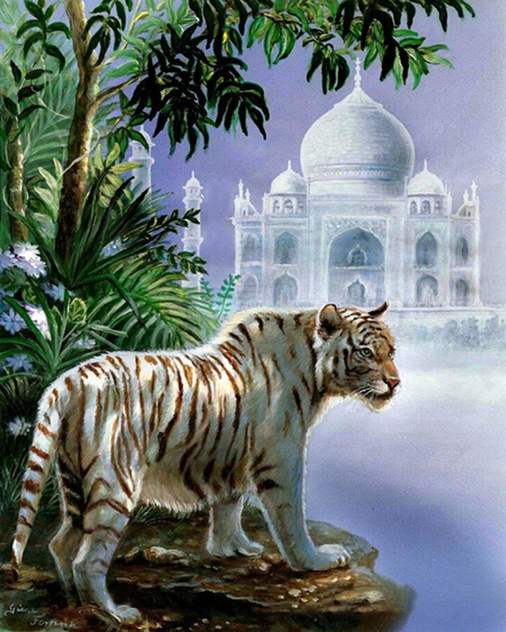 Diamond Painting White Tiger 5D DIY Full Drill Craft Tree Resin Embroidery Paste Church Cross Stitch Tool Kits Animal Diamond Mosaic Sticker Canvas For Office Wall Decoration , circular diamond , 30*37 cm