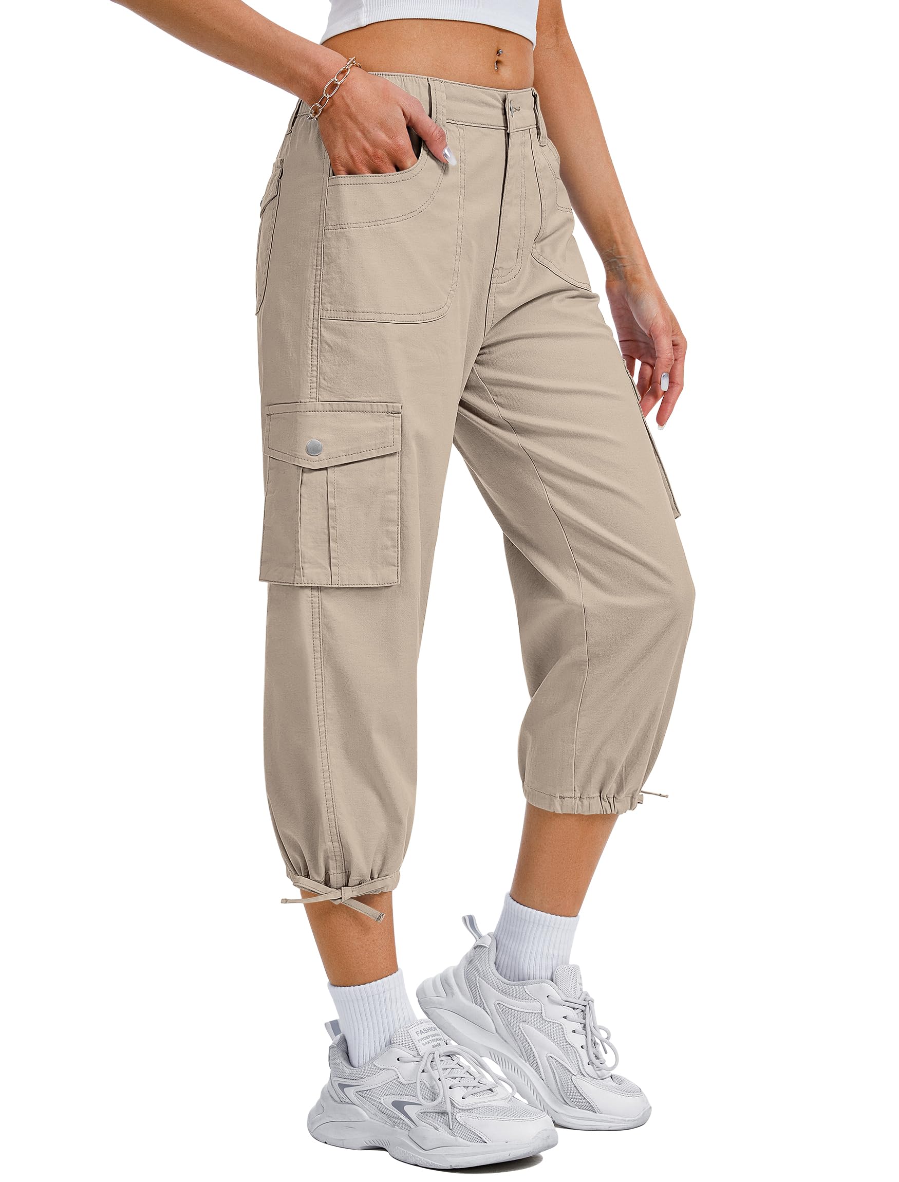 Photo 1 of Eddoyee Women's Cargo Capris Pants Elastic Waist Hiking Pants 2026 Summer Casual Pants with 6 Pockets Khaki size 2 XL