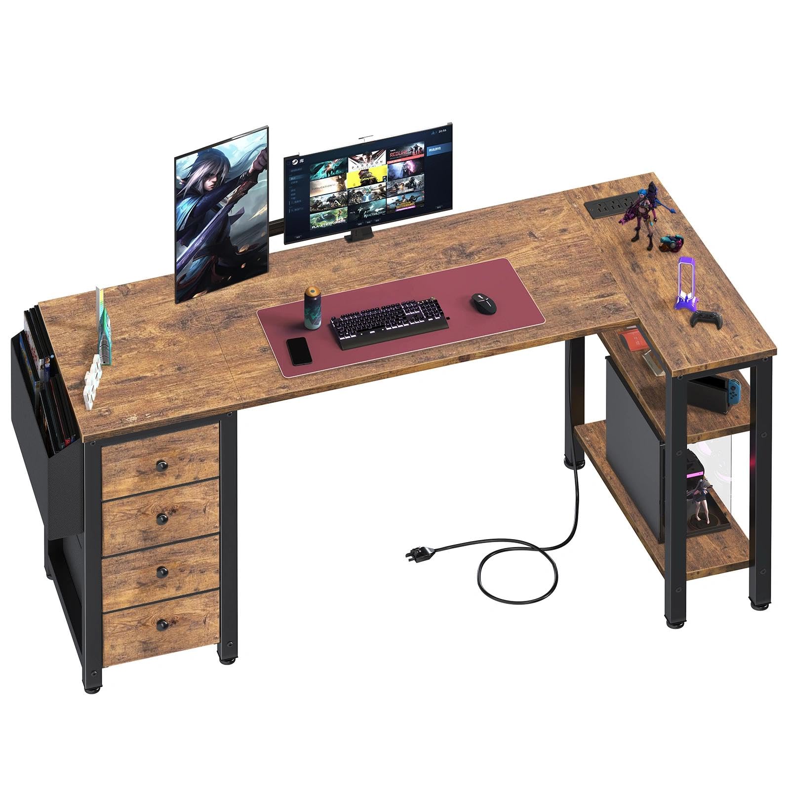 Photo 1 of *The description and photo are for reference only.***Lufeiya L Shaped Computer Desk with Drawers & Storage Shelves, 55 Inch Corner Desk with Power Outlet for Home Office Bedroom, L-Shaped Teen PC Gaming Desks with Fabric Drawer, Rustic Brown
