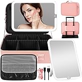 JJhxr 15''X11'' Makeup Bag with Removeable Lighted Mirror, Travel Makeup Case with 3 Color Lights Dimmable Brightness, Large Capacity Cosmetic Organizer Case with Detachable Dividers & Shoulder Strap