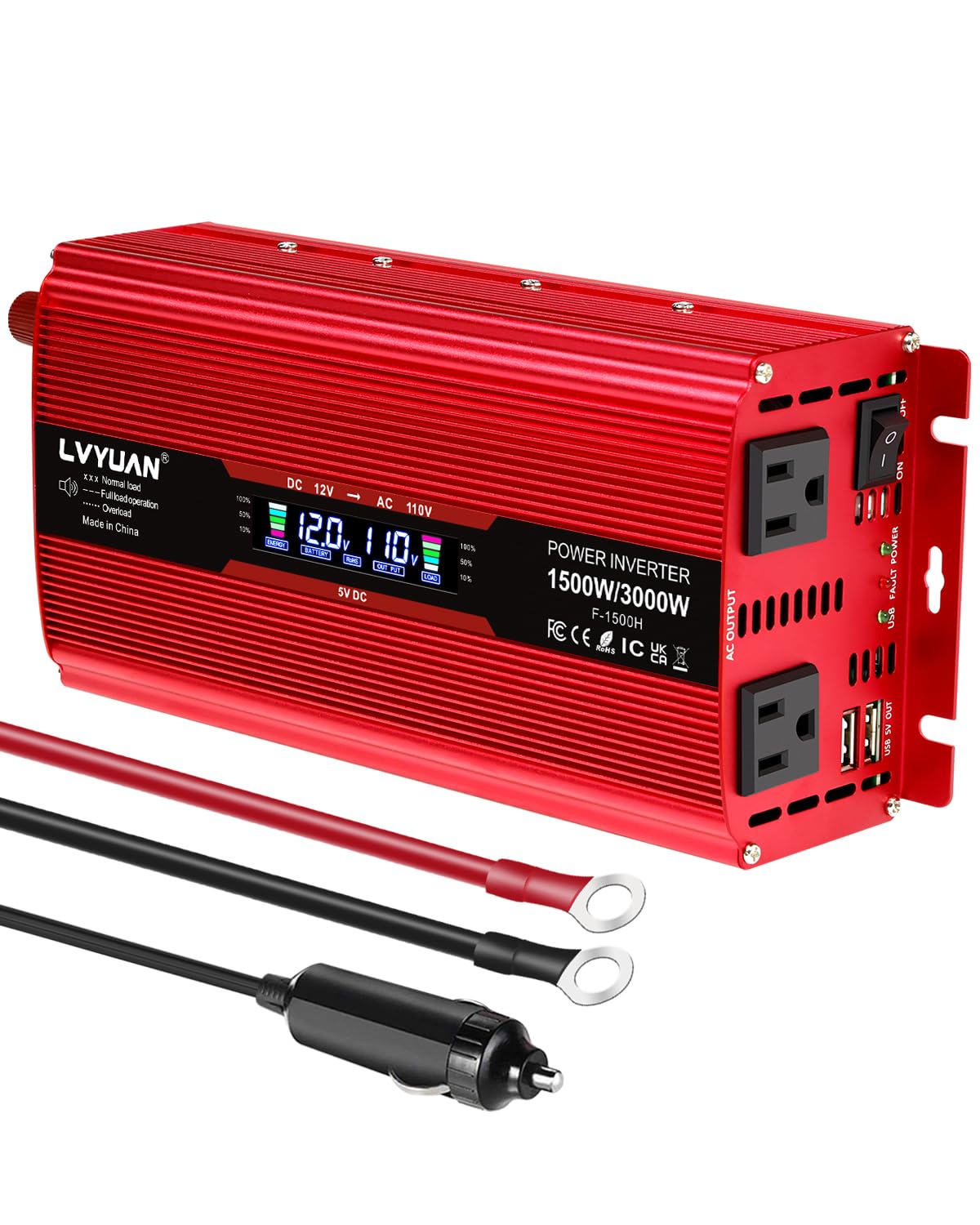 Photo 1 of LVYUAN 1500W Car Power Inverter 12V to 110V DC to AC with 2 US Sockets, Cigarette Lighter, LCD Display, USB Ports for Car, Home, Truck, Outdoor, Camping