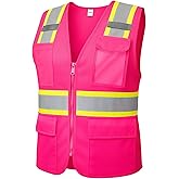 HSHCH Reflective Safety Vest for Women, High Visibility Construction Vest with Pockets Zipper Hi-Vis Stripes, ANSI Compliant