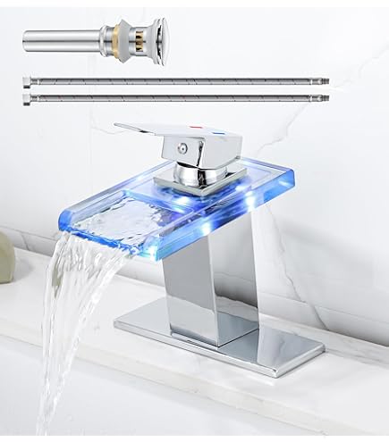 Robinet D'évier De Salle De Bain à LED Noir Mat, Poignée Unique, Bec Cascade En Verre, Robinets De Salle De Bain Pour évier à 1 Trou Avec Bonde Pop-up