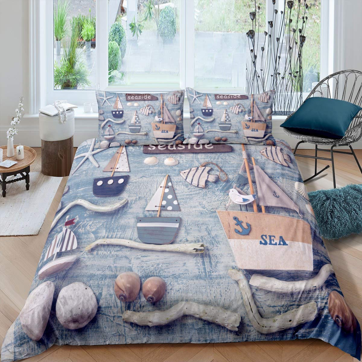 Loussiesd Sailboat Printed Bedding Set for Girls Boys Children Nautical Decor Comforter Cover Ocean Themed Duvet Cover Starfish Sea Animal Bedspread Retro Single Size Bedding Collection 2Pcs