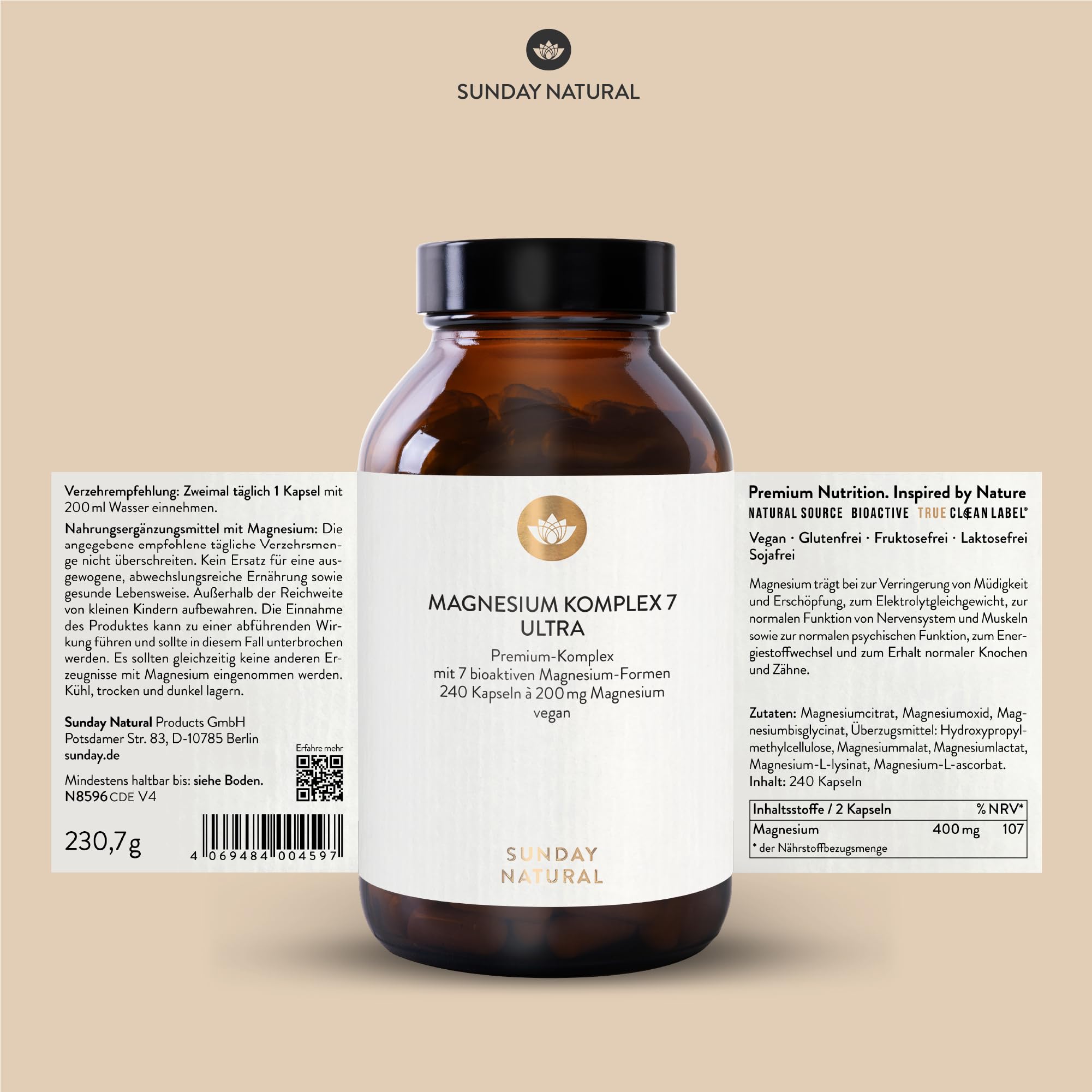 SUNDAY NATURAL® Magnesium Komplex – 240 Kapseln - 400mg pro Tag - aus 7 Verbindungen: Magnesium Bisglycinat, Citrat, Malat, Laktat, Ascorbat, Oxid, Lysinat - Vegan, laborgeprüft 6