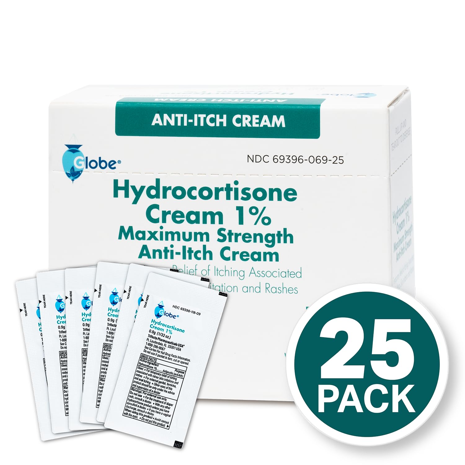 Globe (Box 25 Hydrocortisone 1% Maximum Strength Cream, (0.9g Packet) Anti-Itch Cream for Redness, Swelling, Itching, Rash, Bug Bites, Eczema, More