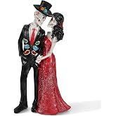 LemonRoad Day-of-the-Dead Couple Skeleton Figurines, Red Dress | Halloween Wedding Cake Topper, Skeleton Bride and Groom Figurine, Dia De Los Muertos Decorations, Gothic Resin Statues