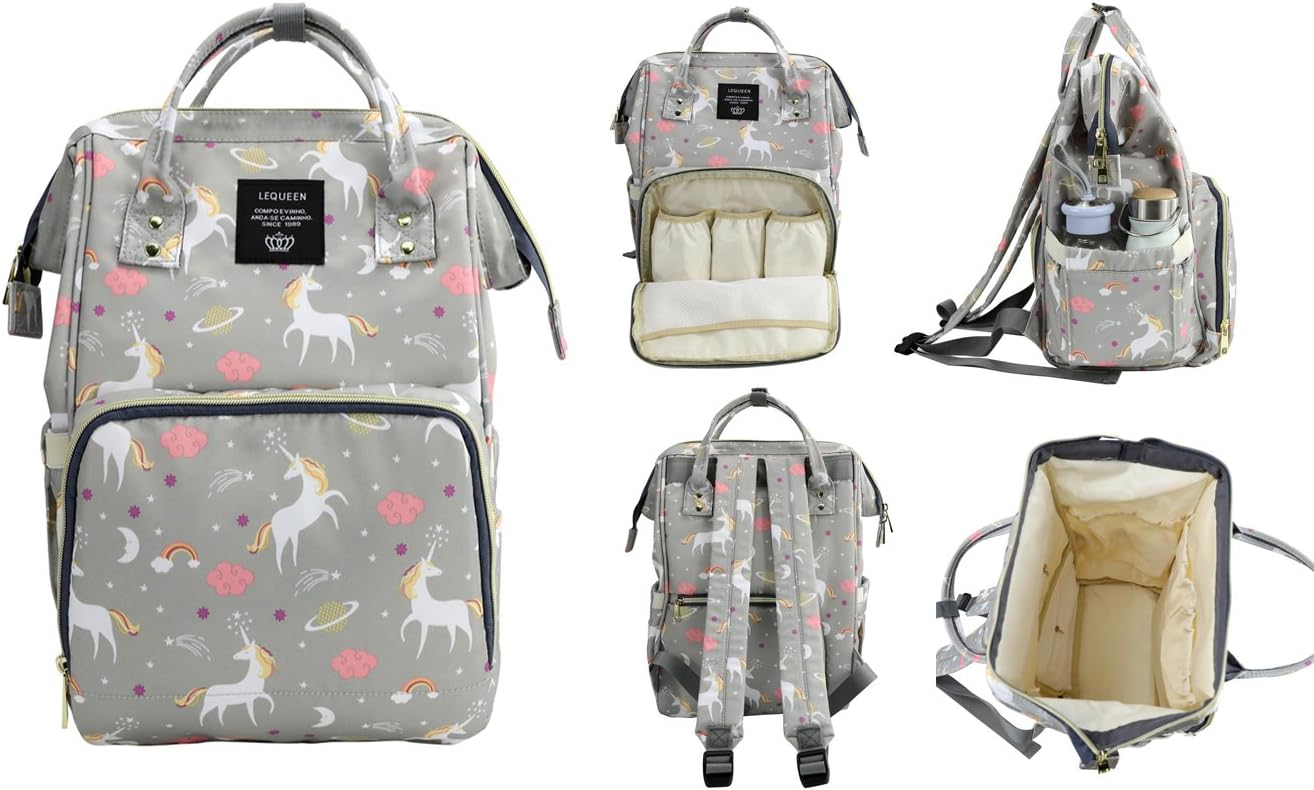 Wide Open Diaper Bag Backpack, Large Capacity, Multi Function Organizer, Waterproof, Unicorn (Light Gray)