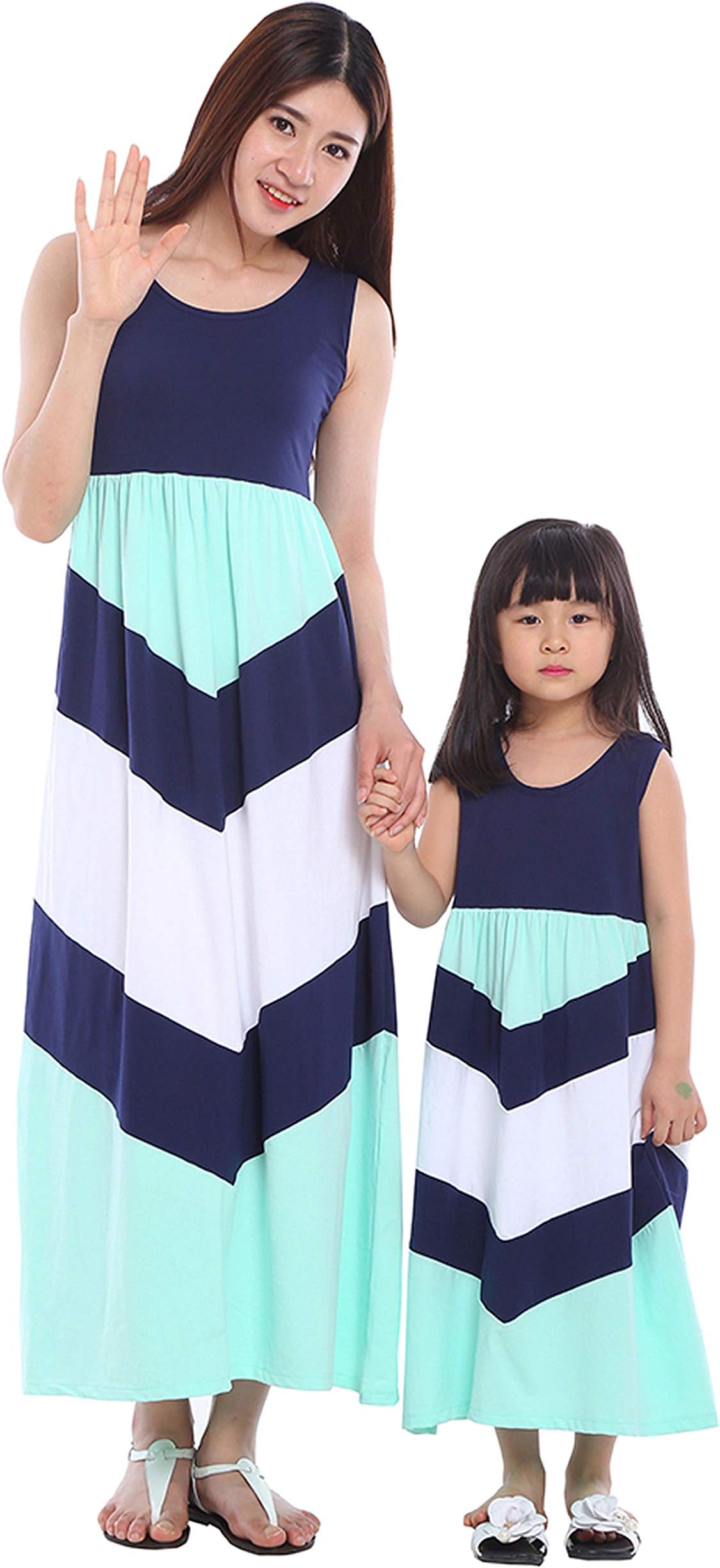 Wennikids Cotton Material Mommy and Me Chevron Maxi Dress