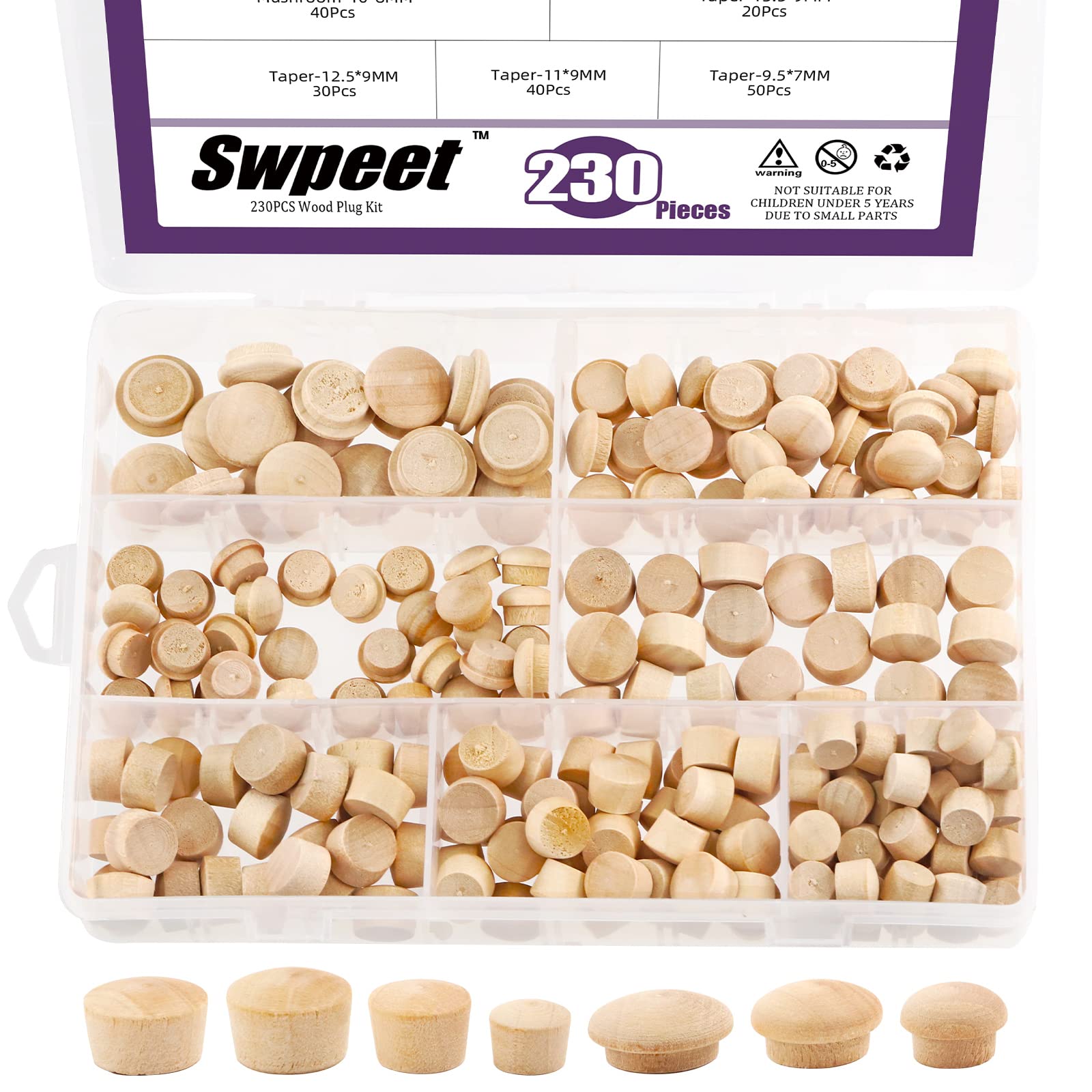 Swpeet 230Pcs 2 Styles Maple Wood Plugs Assortment Kit - Flush & Snap Hole Plugs in 3/8", "7/16", "1/2", "17/32", "15/32", "19/32" Sizes