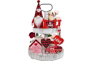 CRCZK Valentines Day Decor, 6pcs Valentines Gnome Tiered Tray Decoration Set, Buffalo Plaid Valentine Gnome Plush, 3 Valentine Wooden Signs, Valentine Bead Garland, Farmhouse Valentine Kitchech Decor
