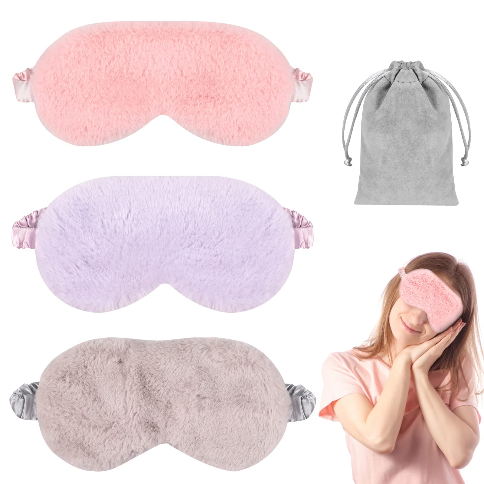 Sleeping Masks for Women, 3PCS Blackout Sleep Eye Mask, yeestone Soft Night Mask, Fluffy Eye Covers with Travel Pouch, Sleep Blindfold for Women Kids(Pink/Purple/Grey)