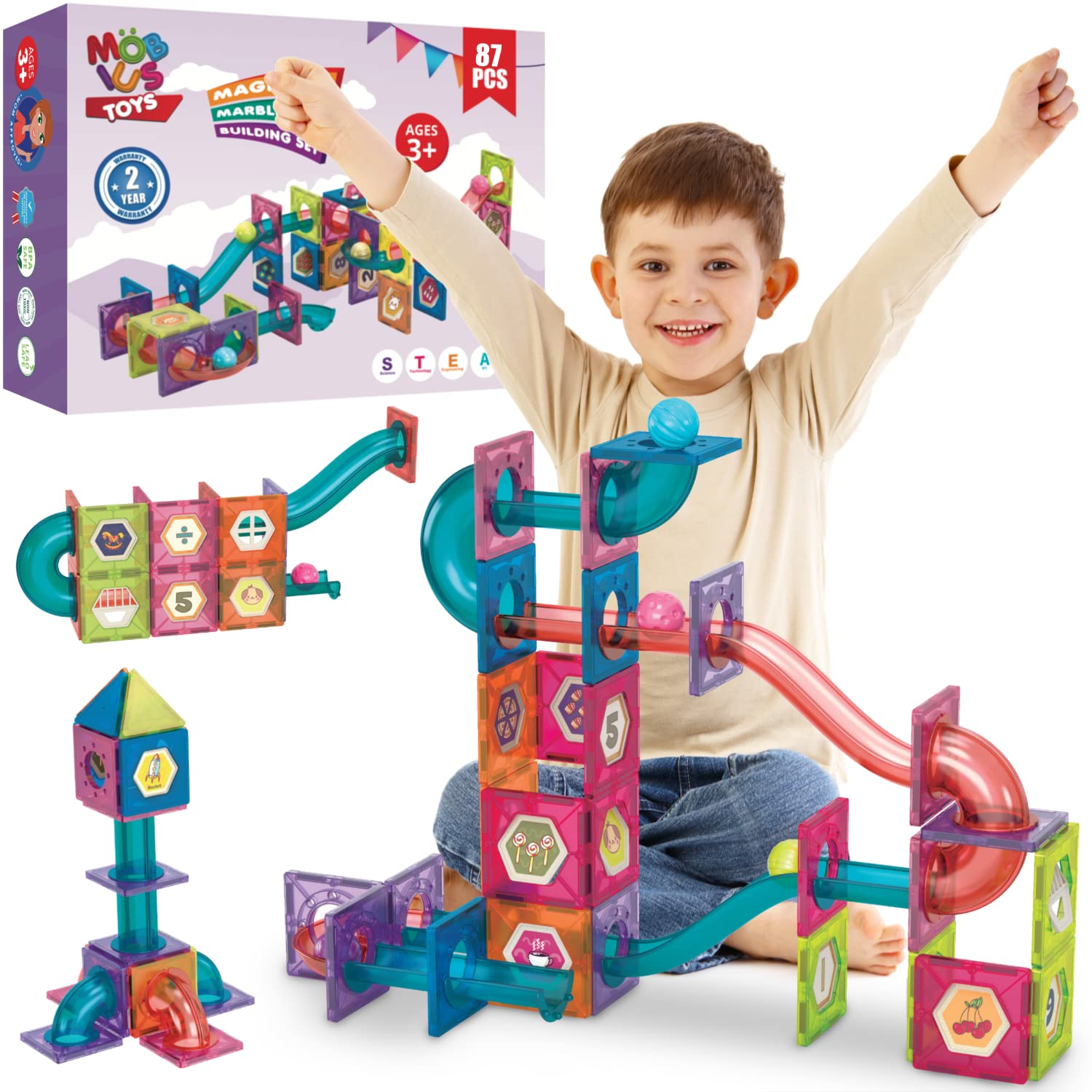 Marble Run for Kids Ages 3-8 Years Old - 3D Magnetic Building Tiles for Boys and Girls - Magnetic Marble Run Educational Toy Steam Learning Maze - Race Track Toy Construction Kit