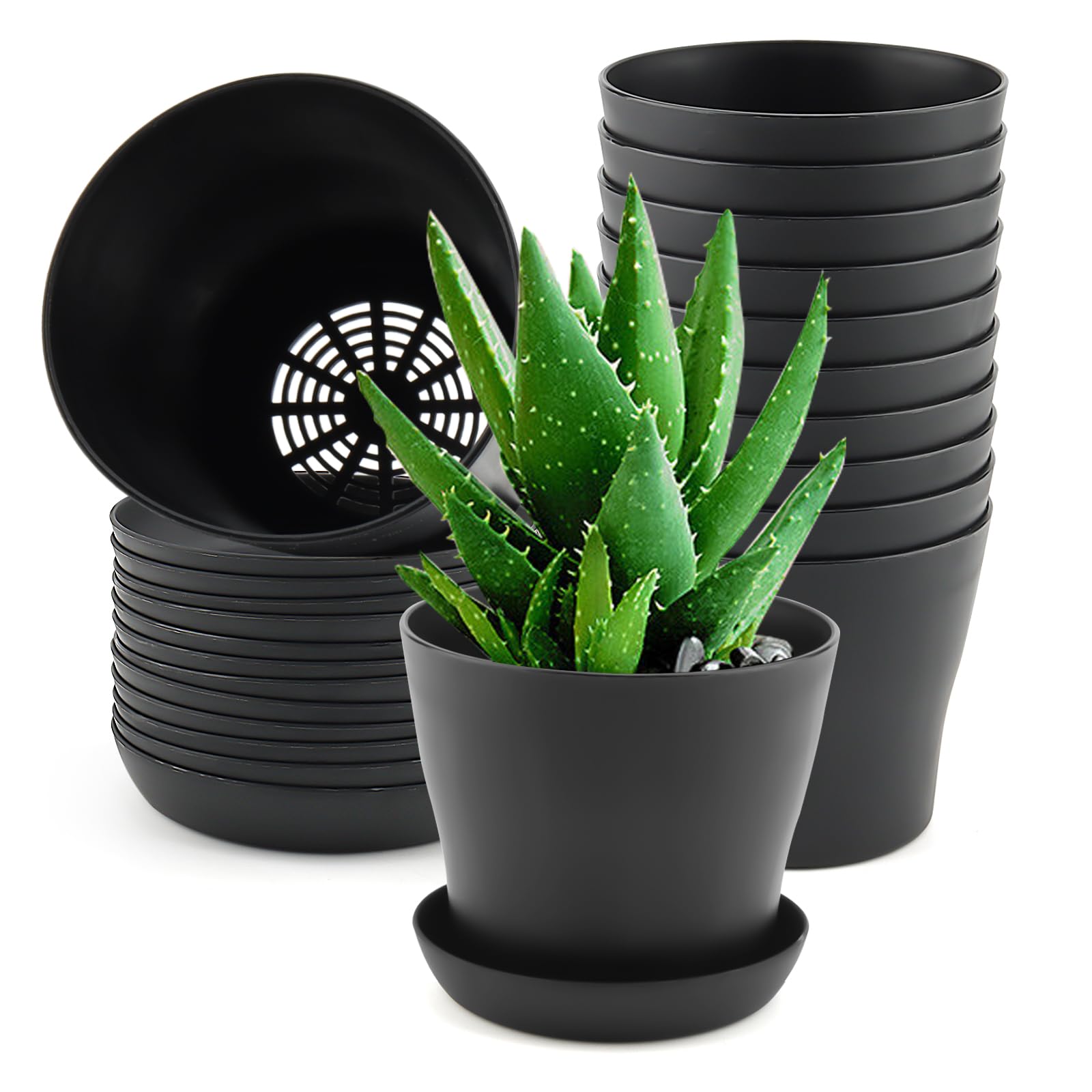 ZEONHAK 12 Pack 10cm Round Small Plant Pot with Saucer, 4 Inch Black Mini Plastic Garden Flower Planter Pots for Plants, Succulents, Seed Nursery