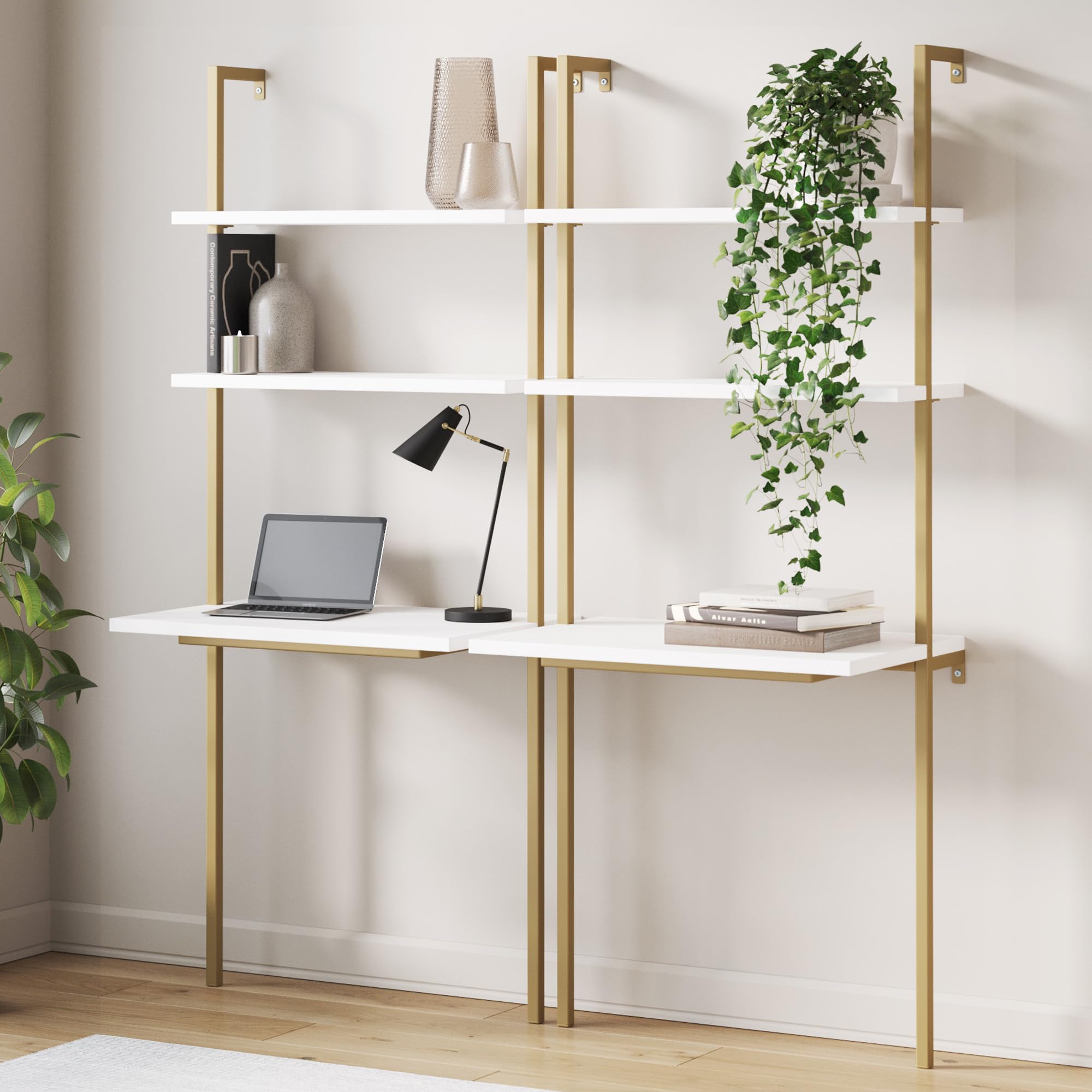 Nathan James 66002 Theo 2-Shelf Industrial Wall Mount Ladder Desk, Small Computer or Writing Desk, White/Gold Brass, Set of 2 Image