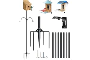 QwayHome Upgrade 92In Smart Bird Feeder Pole, Outdoor Bluebird House Pole Mount Kit Outdoors Weather Station, Adjustable Heavy Duty Metal Pole Stand with 5-Prong Base and 2Pcs Shepherd Hook